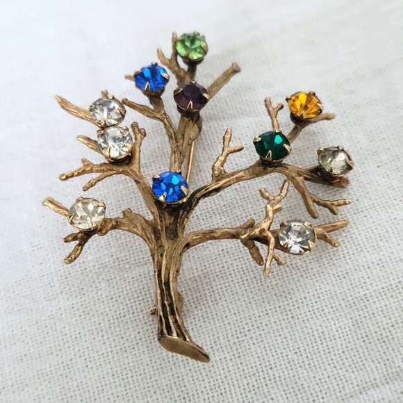 Jewelry - Sterling Gold Vermeil Tree of Life Brooch Pin Crystal Accents Vintage 1960s